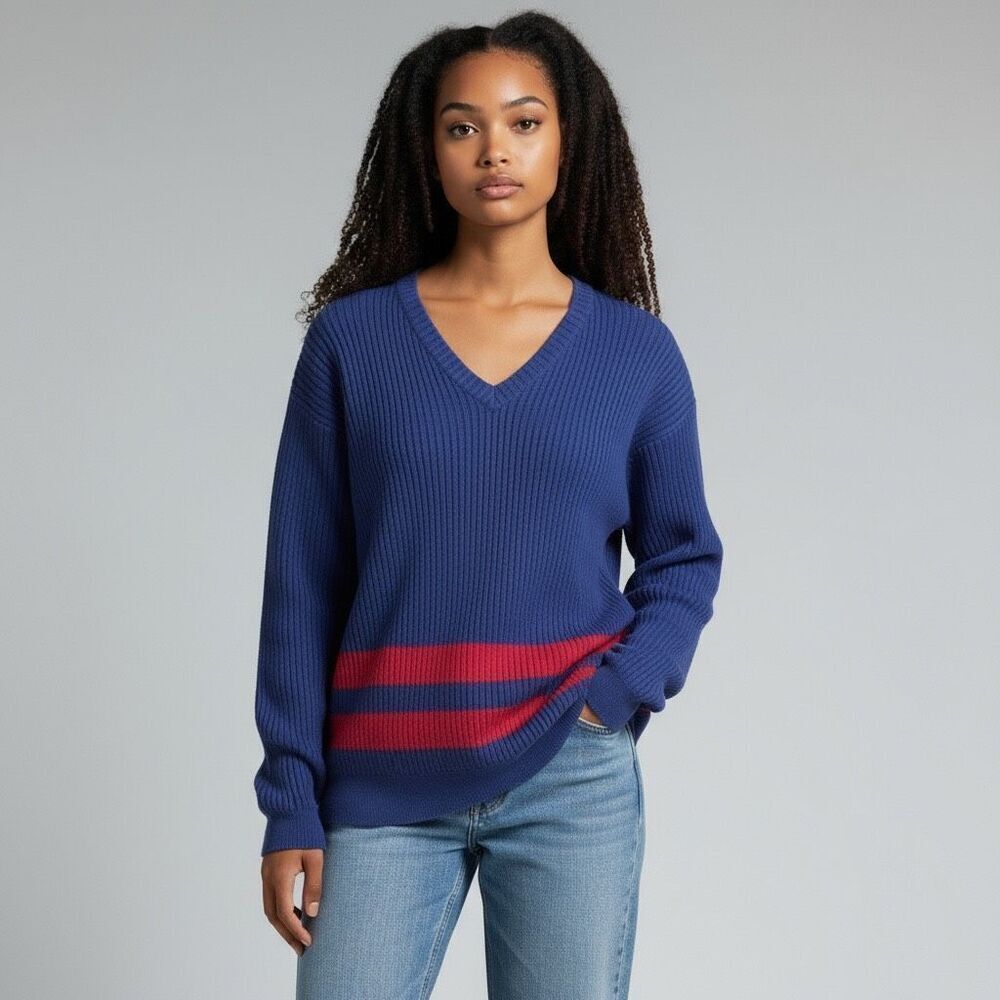 VINTAGE East Island Solid Navy Blue Red Stripes V Neck Sweater 100% Cotton XL